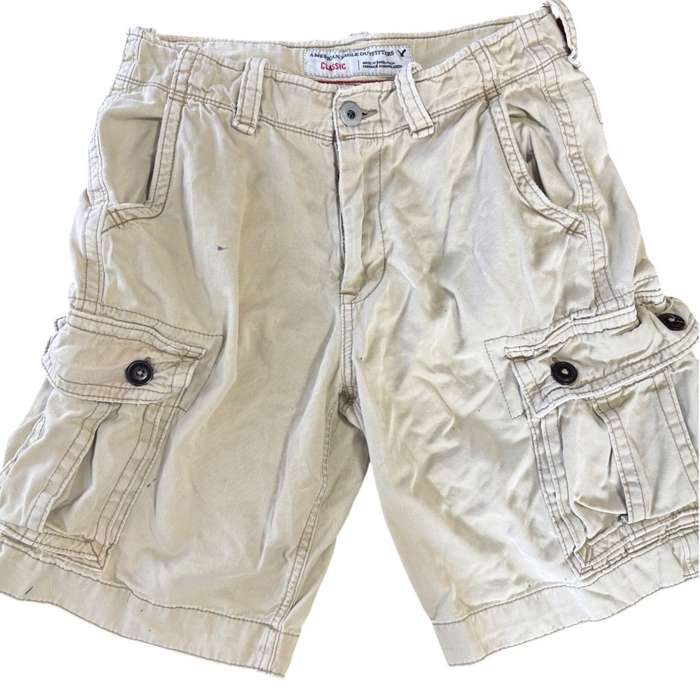 American Eagle Mens Classic Cargo Shorts 30 Tan Khaki Cotton Baggy VTG Y2K